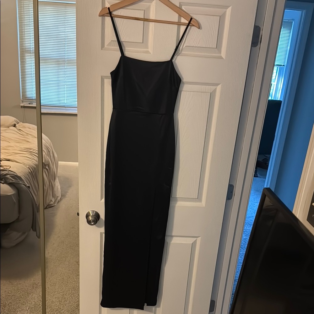 Lulu's Black Satin Dress with Spaghetti Straps